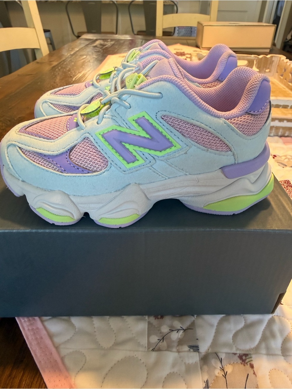 New Balance Kids Pastel Lavender Sneakers with Neon Green Accent